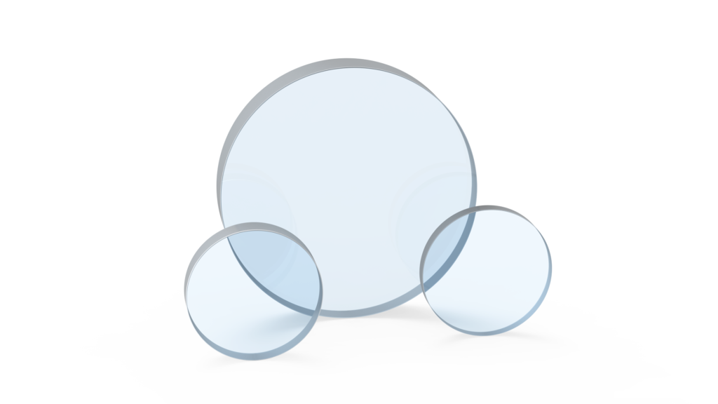 One large and two small round AR coated windows in transparent blue color