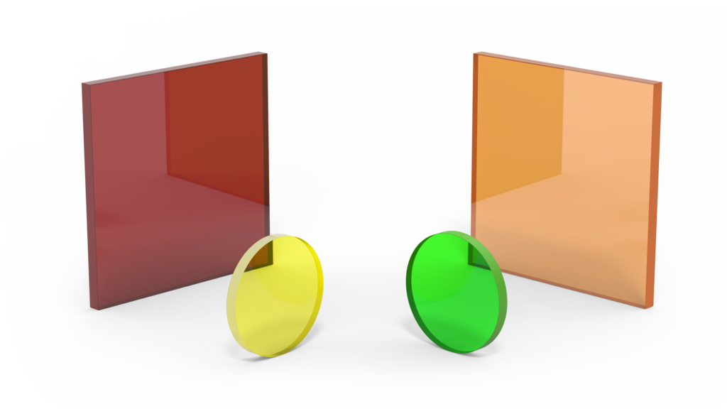 Four color glass filters in red, orange, yellow, and green colors on square and round glass