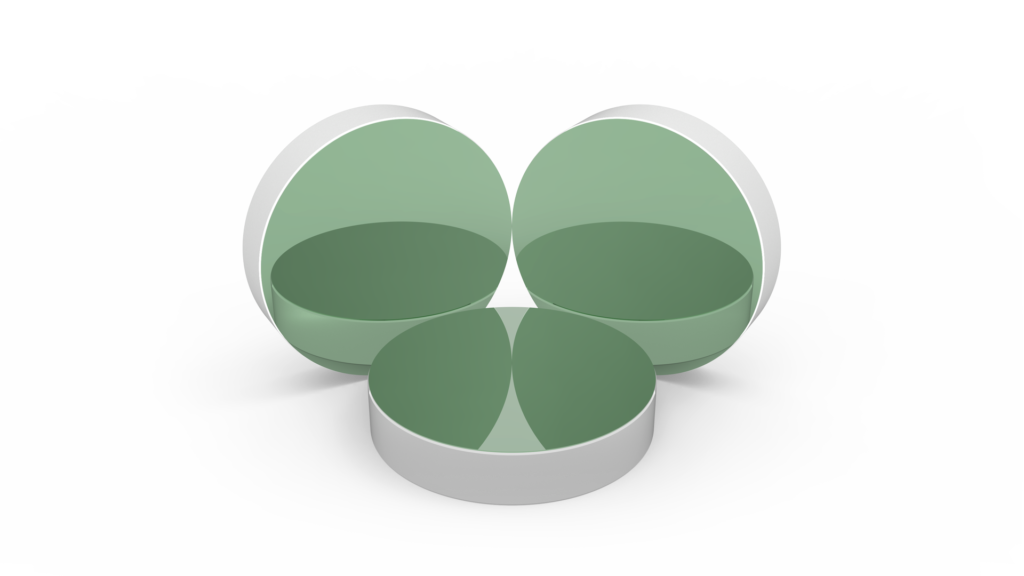 Three round low loss HR mirror in green color with reflective surfaces